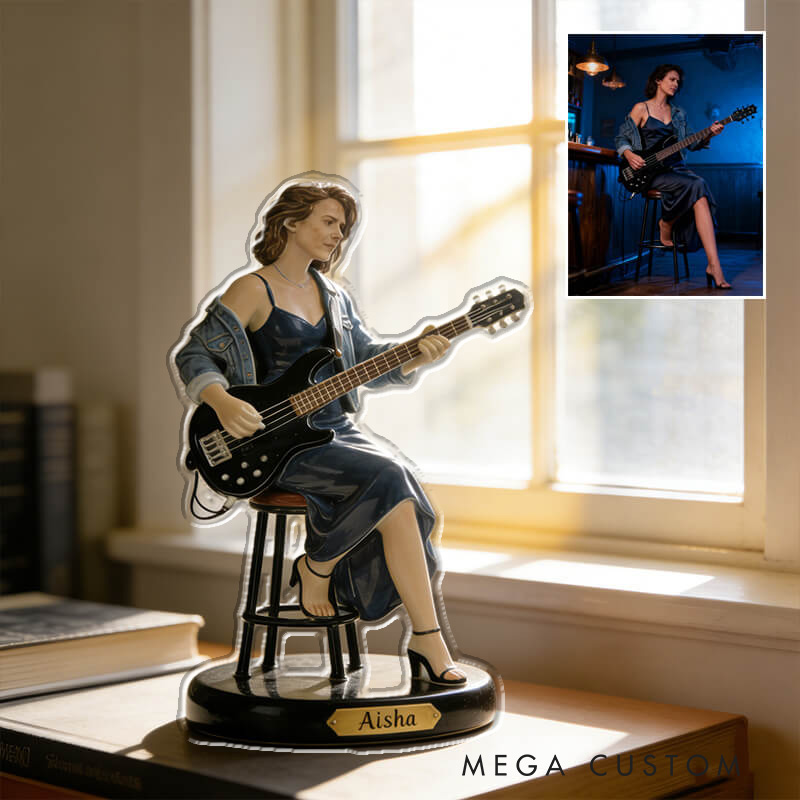 Personalized 2D Flat Ceramic-Style Bass Player Figurine for Music Lovers Acrylic Plaque Gift for Kids Music Studio