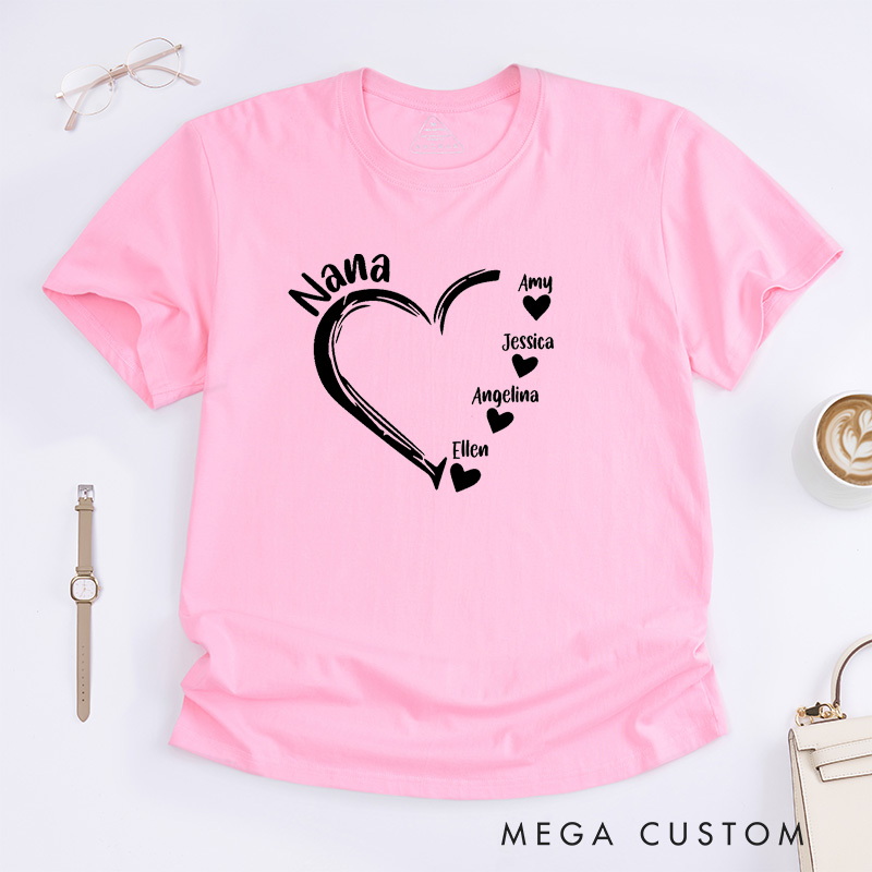 Personalized Nana T-Shirt Custom Heart Design Gift for Grandmother Mother's Day Birthday Comfortable Cotton Shirt for Women Unique Grandma