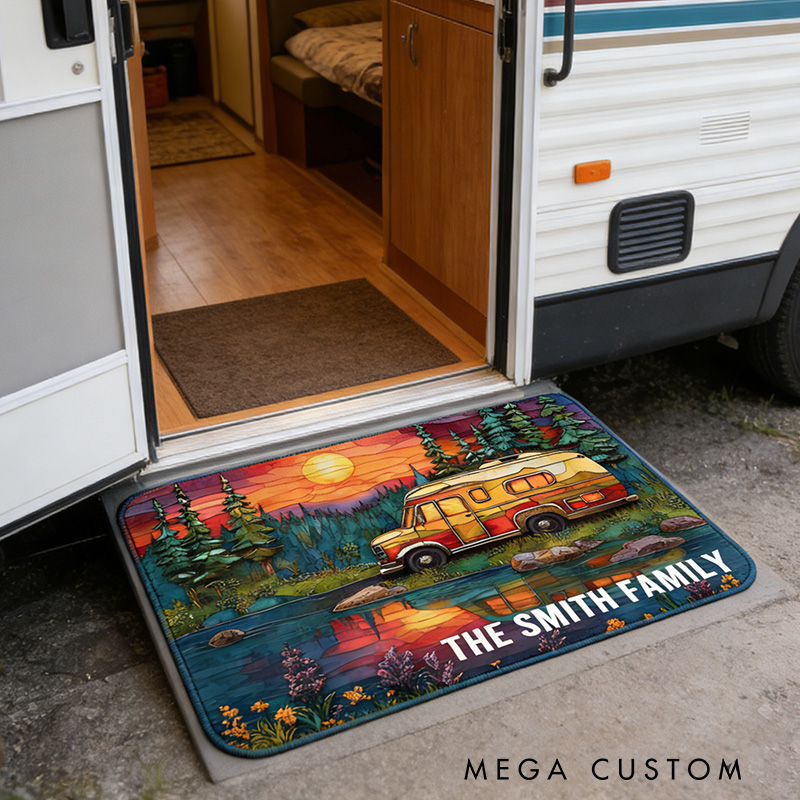Personalized Family Camper Rug Custom Rustic Moonlit Forest Camper Rug Outdoors Camping Rug Family Gift for Adventure