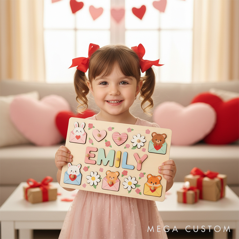 Personalized Wooden Name Puzzle for Kids Montessori Valentine's Gift with Custom Wooden Letters and Adorable Design Toddler Learning Toy