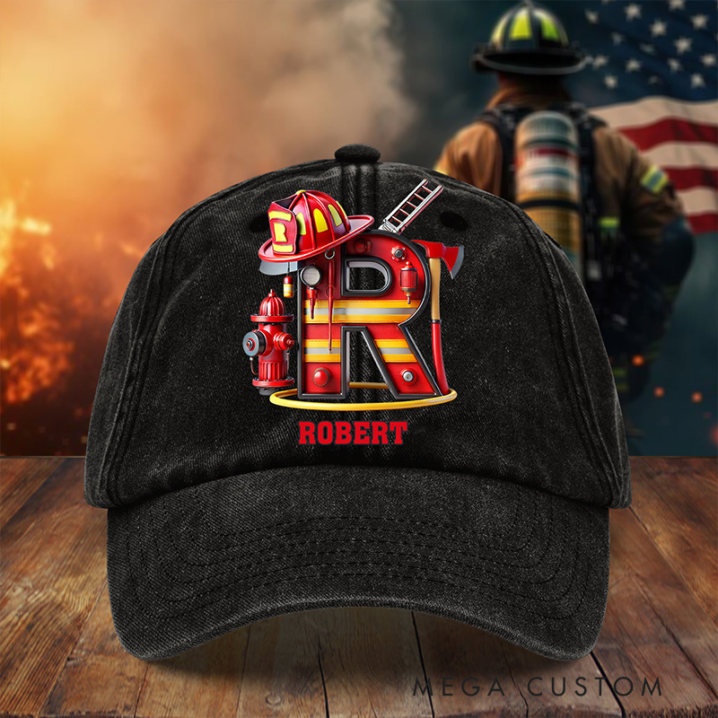 Personalized Firefighter Gifts Custom Name and Initial Alphabet Cap Firefighter Washed Denim Hat Fireman Letter Baseball Cap