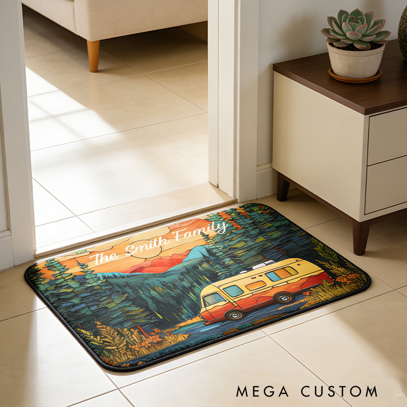 Personalized Scenic Camper Van Rug Stained Camper Rug Decor Family Outdoors Camping Rug Gift for Camping Lover