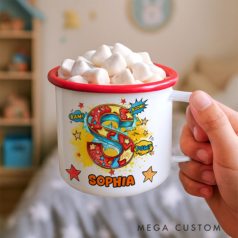 Personalized Comic Initial 12oz Enamel Mug with Initial and Name Back to School Birthday Easter Gift for Kids