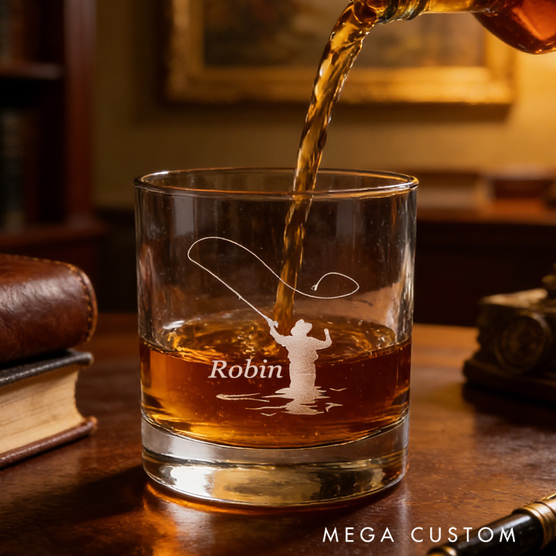Personalized Fishing Whiskey Glass Fly Fisherman Whiskey Glass Outdoor Fishing Gift for Husband Him