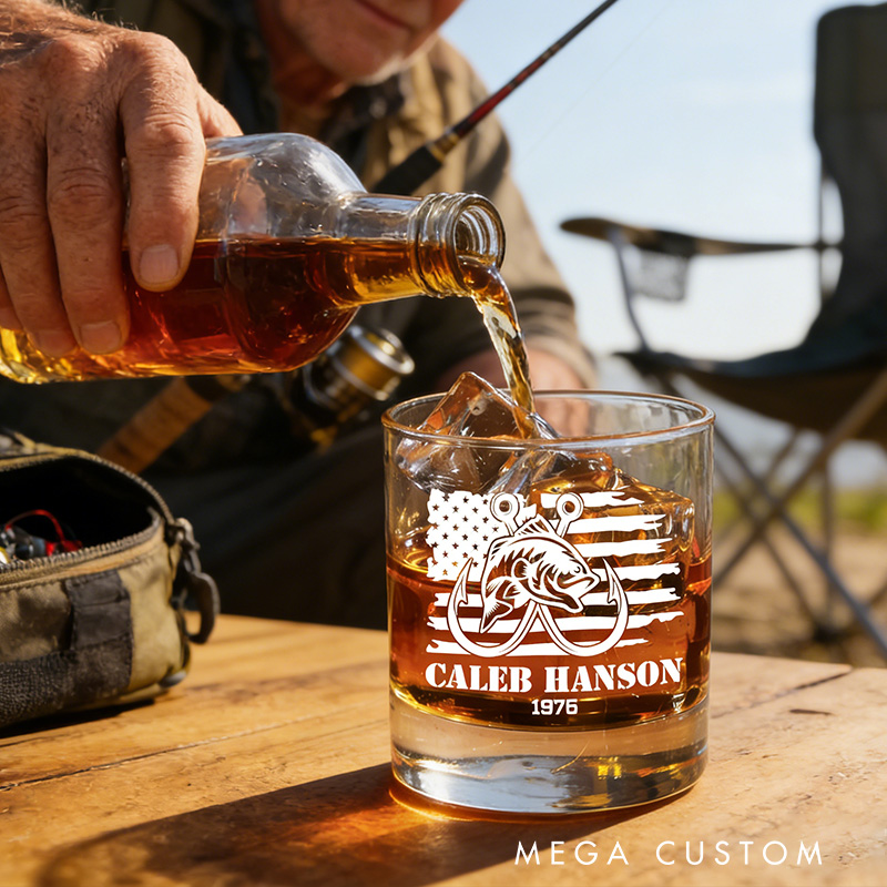 Patriotic Fishing Whiskey Glass Fisherman Outdoors Whiskey Glasses Fishing Gifts for Man Husband