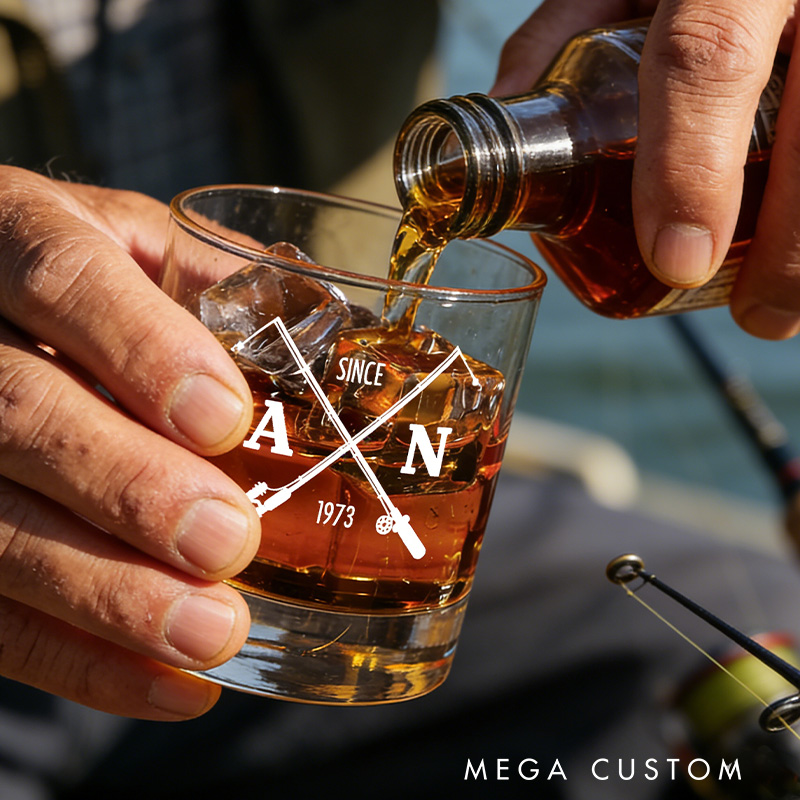 Personalized Monogrammed Fishing Whiskey Glass Outdoors Fishing Lover Whiskey Glasses Fishing Gifts for Man Husband
