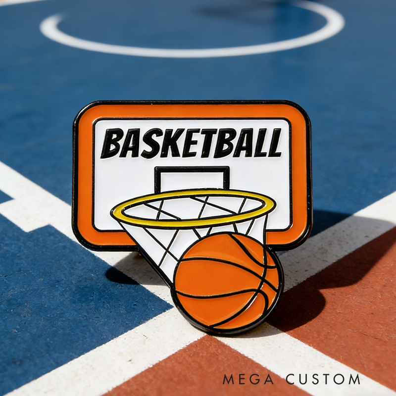 Personalized Basketball Themed Pins Featuring Basketball Hoops and Crowns