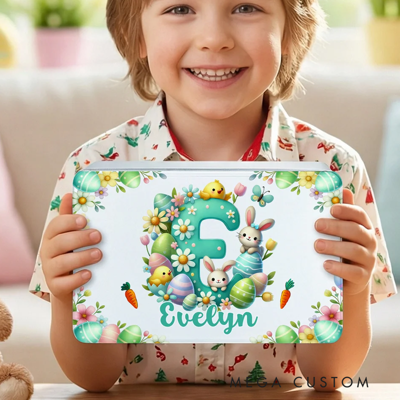 Personalized Cute Cartoon Bunny Easter Eggs Food Grade Metal Biscuit Tin Storage Box with Name Easter Gift for Family Kids