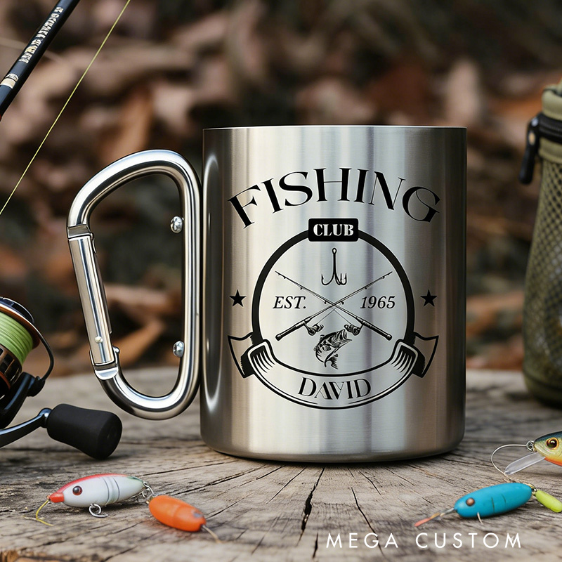 Personalized Fishing Mug Custom Stainless Steel Carabiner Cup Camping Mug Nature Coffee Mug Fishing Gift for Dad Husband