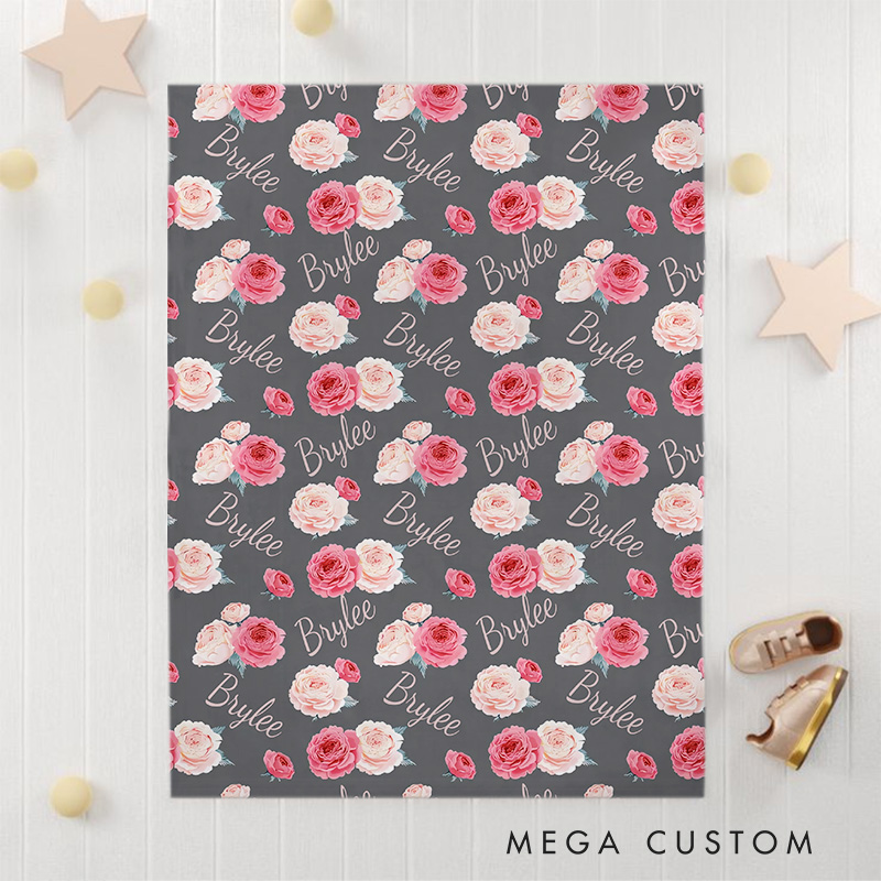 Personalized Name Baby Blanket with Roses Birthday Gift for Baby