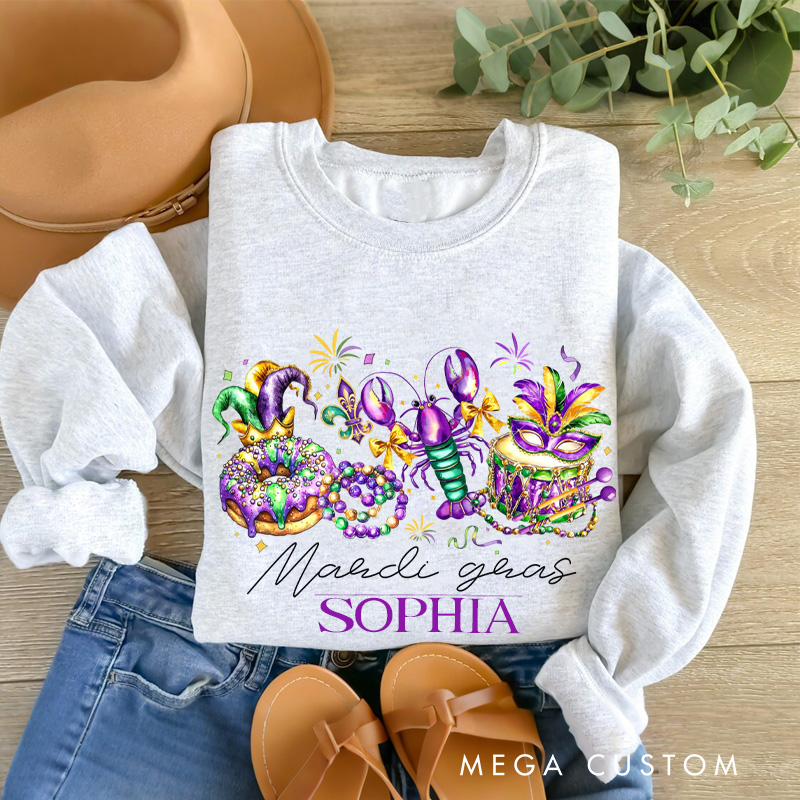 Personalized Mardi Gras Donut Sweatshirt with Name Retro King Cake Shirt Louisiana Tee Gift for Baking Lover Him Her