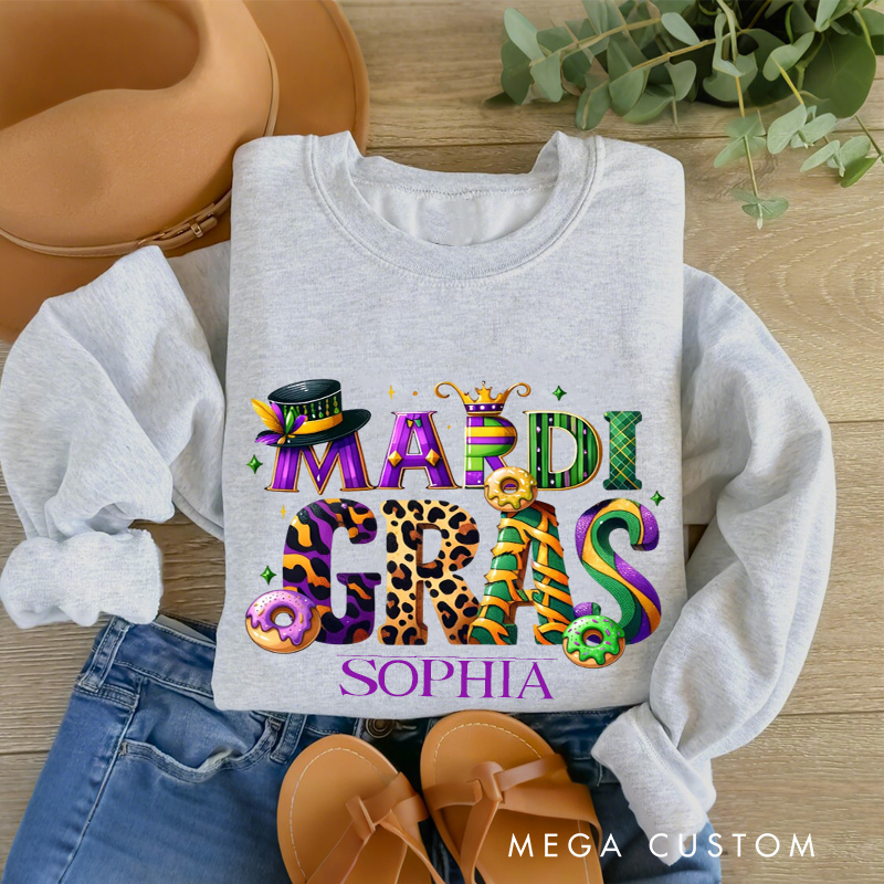 Personalized Mardi Gras Donut Sweatshirt with Name Retro King Cake Sweatshirt Carnival Coquette Shirt Gift for Baking Lover Him Her