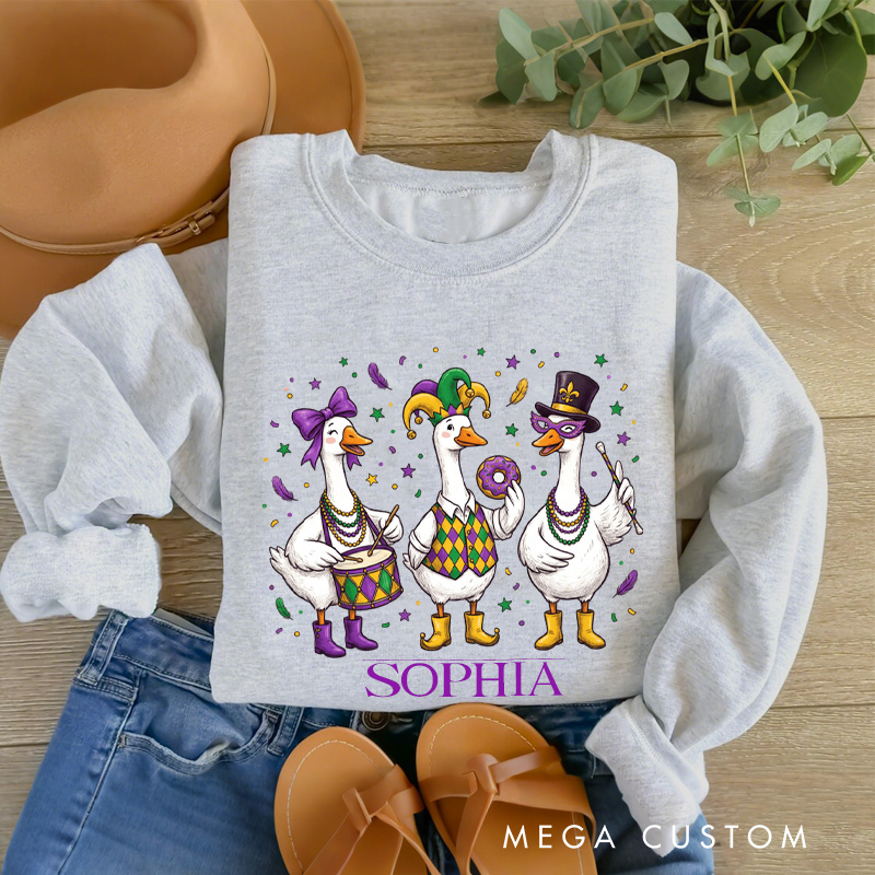 Personalized Mardi Gras Goose Sublimation Sweatshirt with Name Donut Goose Sweatshirt Carnival Coquette Shirt Gift for Baking Lover Him Her