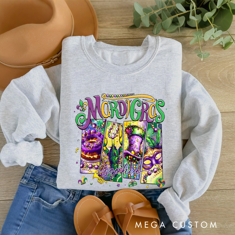 Personalized Mardi Gras Donut Sublimation Sweatshirt with Name King Cake Sweatshirt Carnival Coquette Shirt Gift for Baking Lover Him Her