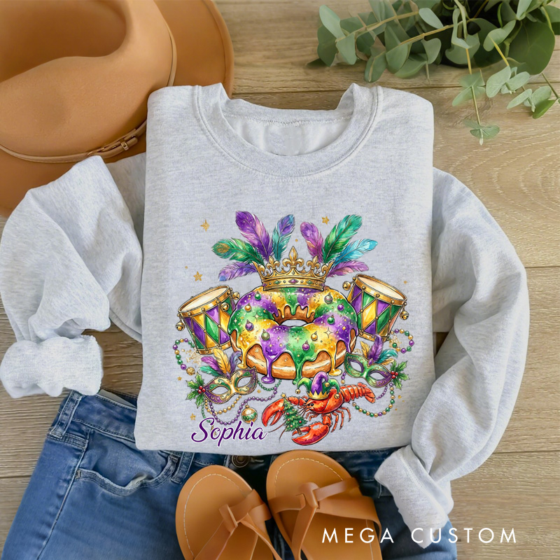 Personalized Mardi Gras King Cake Sweatshirt with Name Louisiana Carnival Graphic Sweatshirt Fat Tuesday Shirt Gift for Baking Lover Him Her Cake Lover