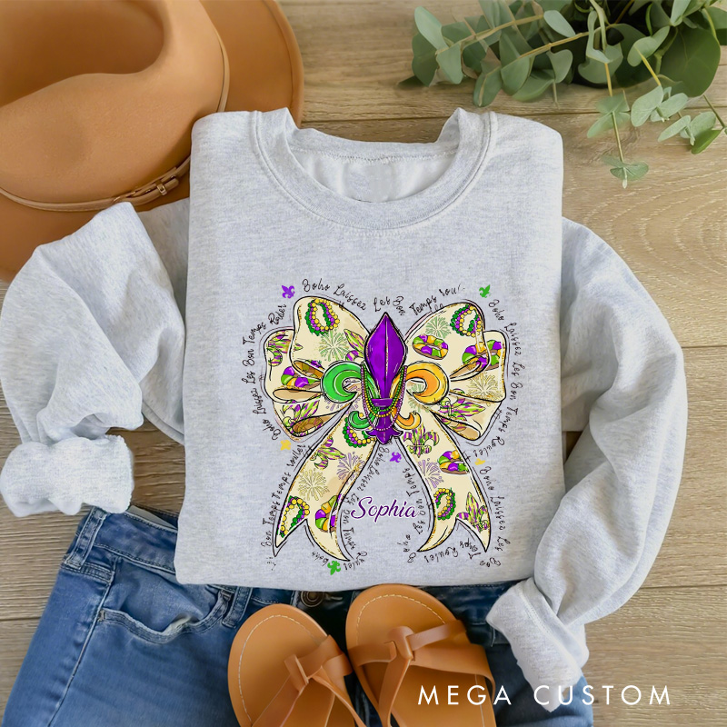 Personalized Mardi Gras Donut Bow Sweatshirt with Name Louisiana King Cake Sweatshirt Fat Tuesday Shirt Gift for Baking Lover Him Her Cake Lover