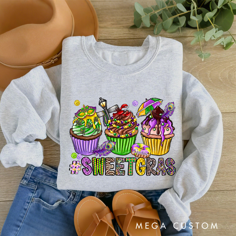 Personalized Sweet Mardi Gras Sweatshirt with Name Mardi Gras Cupcake Sweatshirt Fat Tuesday Shirt Gift for Baking Lover Him Her Cake Lover