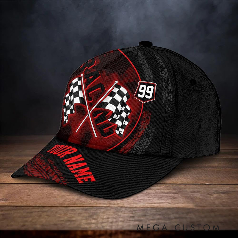 Personalized Racing Gifts Custom Name and Number Checkered Flag Cap Classic Racer Baseball Hat for Men and Women