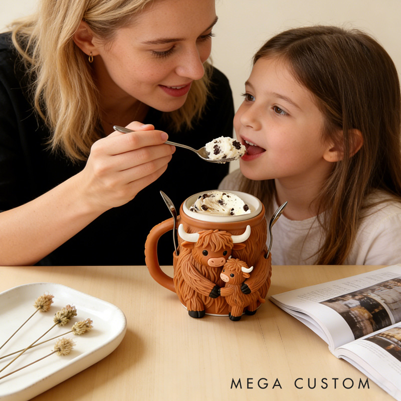 Personalized Adorable Highland Cow Ice Cream Cozy Pint Holder 3D Printed with Spoon Slots for Mom Kids