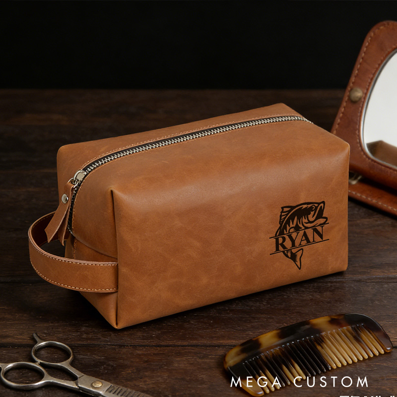 Personalized Fishermantoiletry Bag Custom Fishing Leather Dopp Kits Fishing Gift for Dad Husband Father