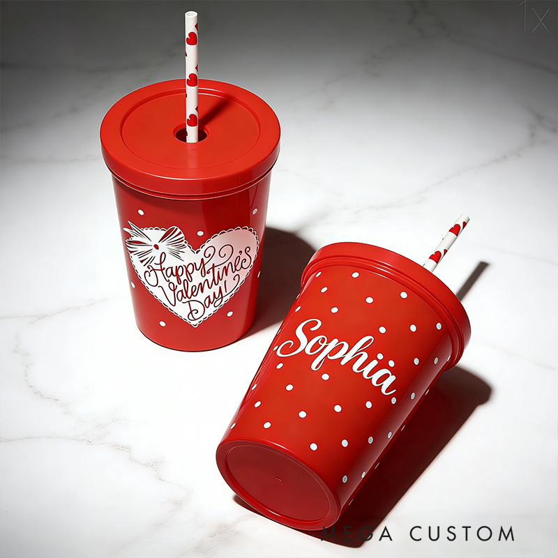Kids' Valentine's Day Personalized Name Party Cups Polka Dot and Heart Design Celebrate and Share Love