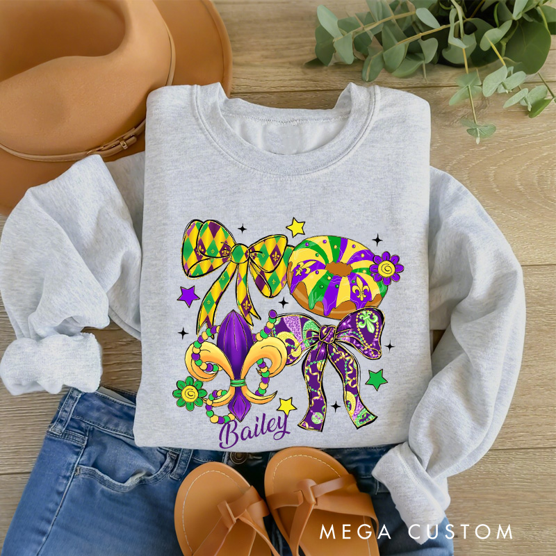 Personalized Mardi Gras Coquette Sweatshirt with Name Preppy Bow King Cake Coquette Sweatshirt Fat Tuesday Shirt Gift for Baking Lover Her Cake Lover