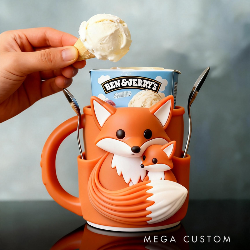 Personalized Adorable Fox Ice Cream Cozy Pint Holder 3D Printed with Spoon Slots for Mom Kids Ice Cream Lover