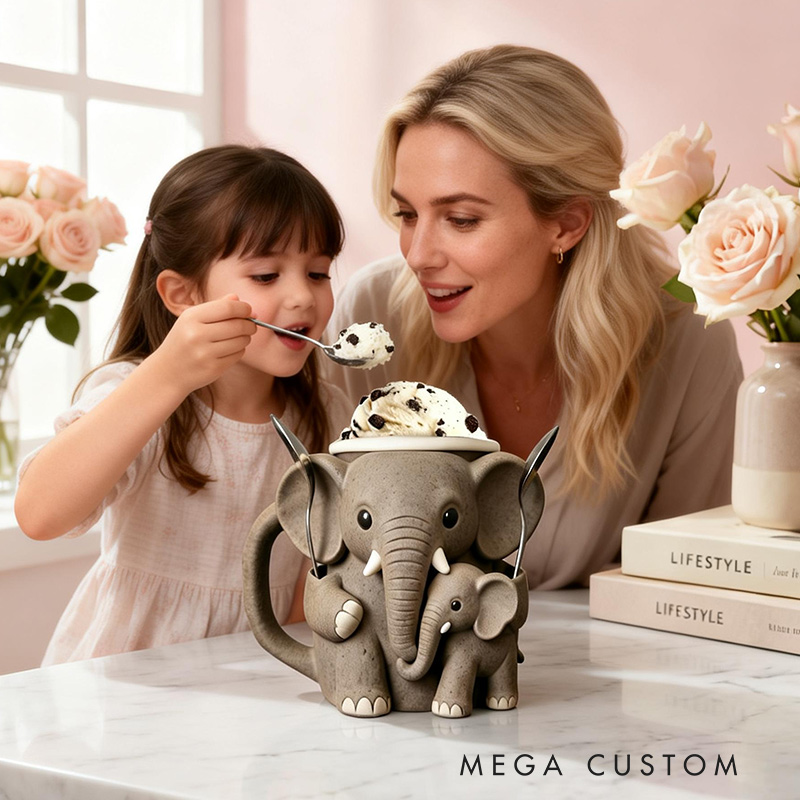 Personalized Adorable Elephant Ice Cream Cozy Pint Holder 3D Printed with Spoon Slots for Mom Kids Ice Cream Lover
