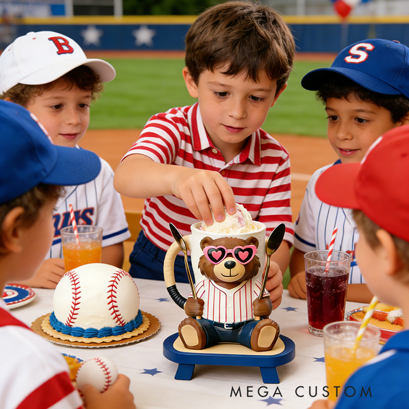 Personalized Baseball Mascot Bear Ice Cream Pint Holder with Adorable Heart Sunglasses 3D Printed with Spoon Slots & Snack Drawer for Baseball and Ice Cream Enthusiasts