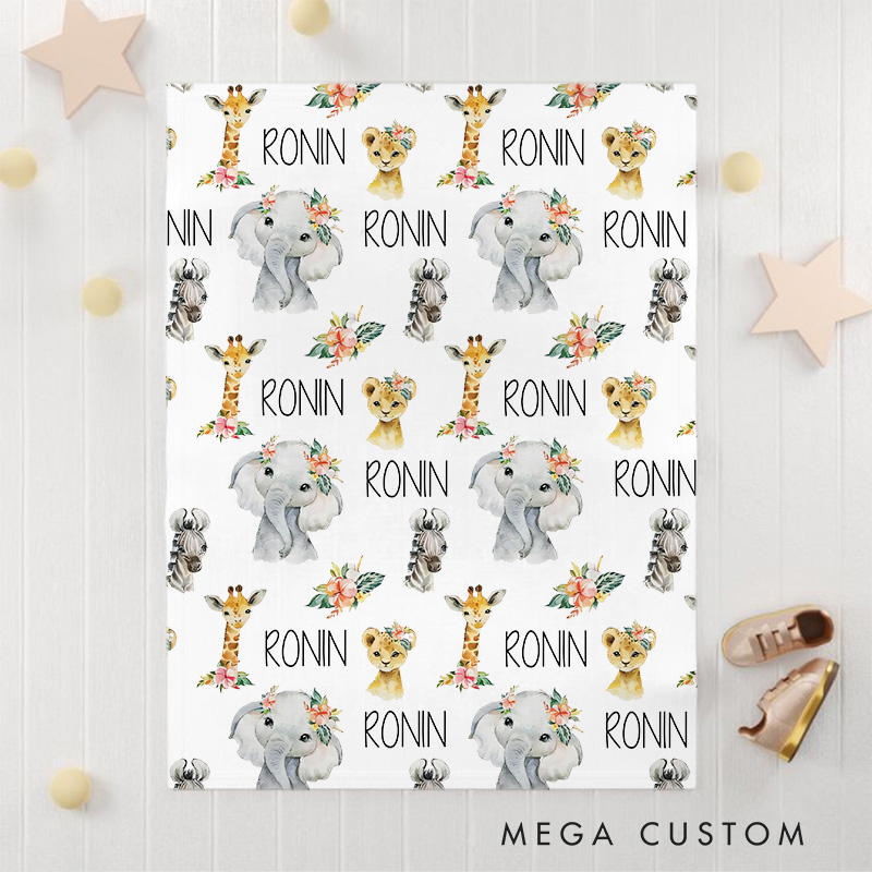 Personalized Animal Safari Baby Blanket Baby Shower Gift Birthday Gift for Baby