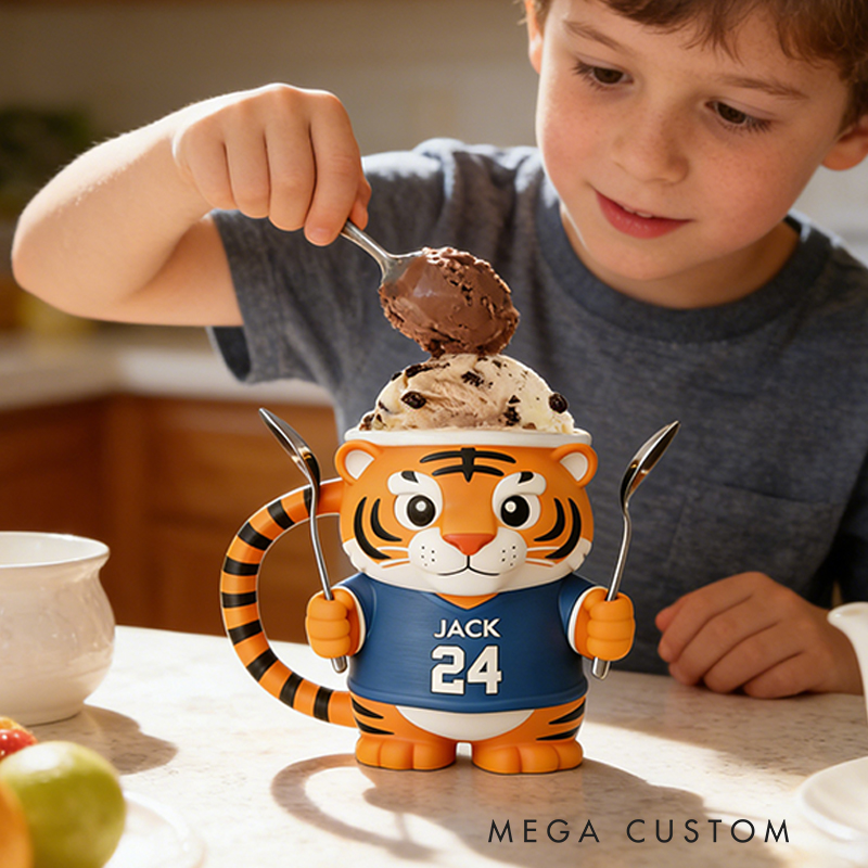 Personalized Tiger Baseball Mascot Ice Cream Pint Holder 3D Printed with Spoon Slots & Snack Drawer Custom Detail for Kids and Baseball Enthusiasts