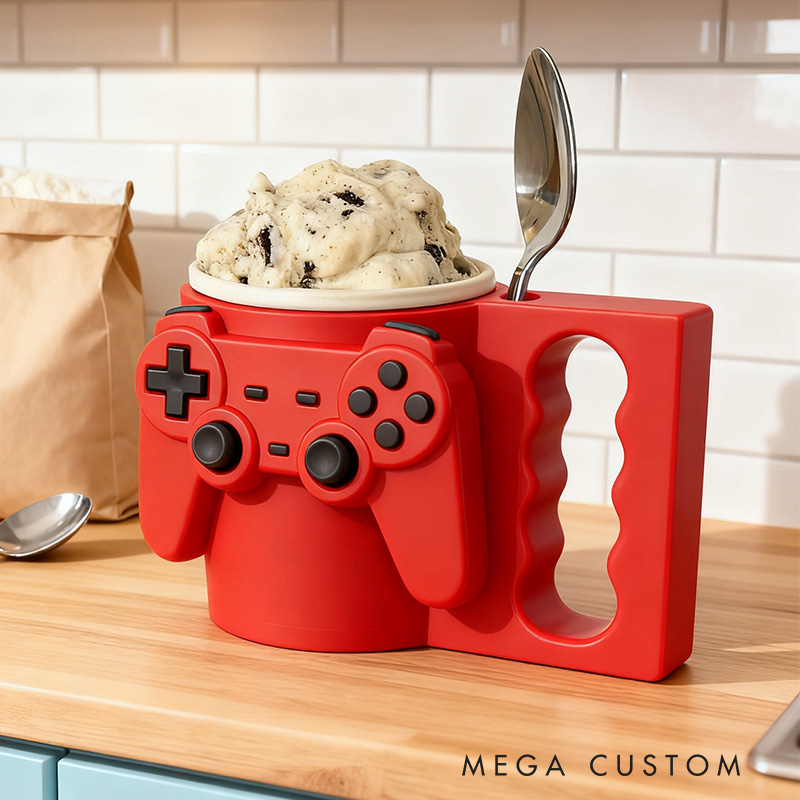 Personalized Couple Controller Gamer Ice Cream Pint Holder with Spoon Slots Eco-Friendly 3D Print for Game Lovers