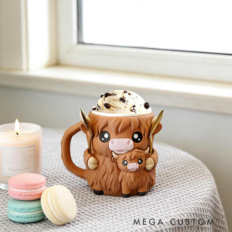 Personalized Highland Cow Ice Cream Cozy Pint Holder 3D Printed with Spoon Slots & Snack Drawer for Mom Kids Ice Cream Lover