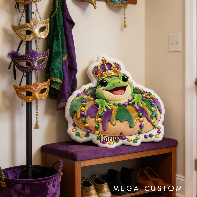 Personalized Mardi Gras Donut Frog Crown Throw Pillow Graphic 3D King Cake Animal Pillow with Name for Kids Baking Lover Mardi Gras Gift