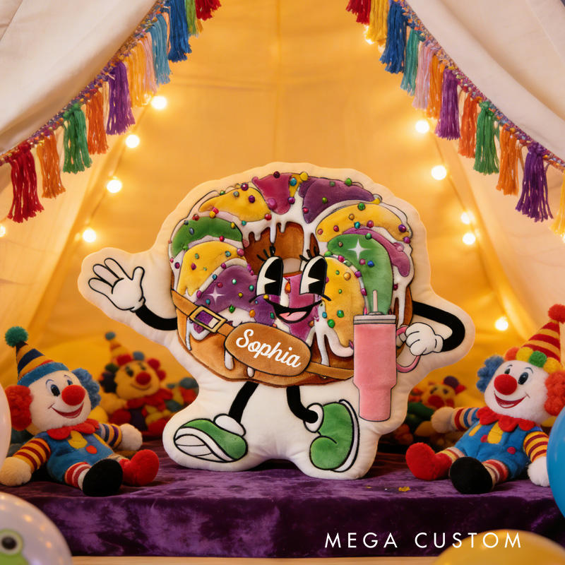 Personalized King Cake Mardi Gras Throw Pillow Graphic 3D Print Donut with Tumbler Pillow with Name for Kids Book Lover Mardi Gras Gift