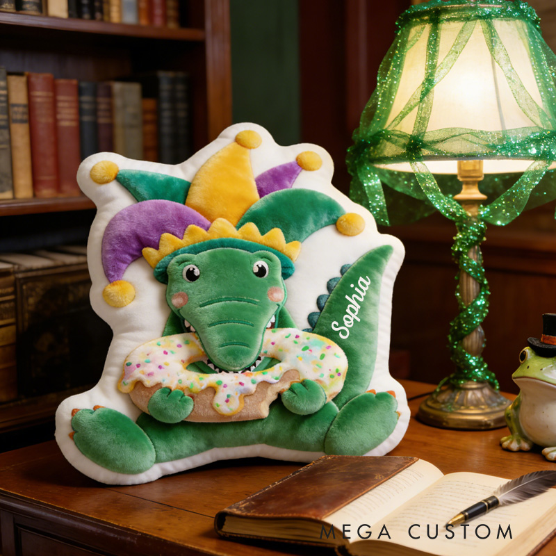 Personalized Mardi Gras Alligator Throw Pillow Graphic 3D Print Donut Pillow with Name for Boyfriend Girlfriend Baking Lover Mardi Gras Gift