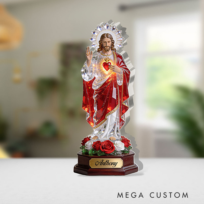 Personalized Sacred Heart Of Jesus Acrylic Plaque with Custom Name Custom Shaped Art Plaque Desktop Decor Religious Christian Gift for Jesus Lover