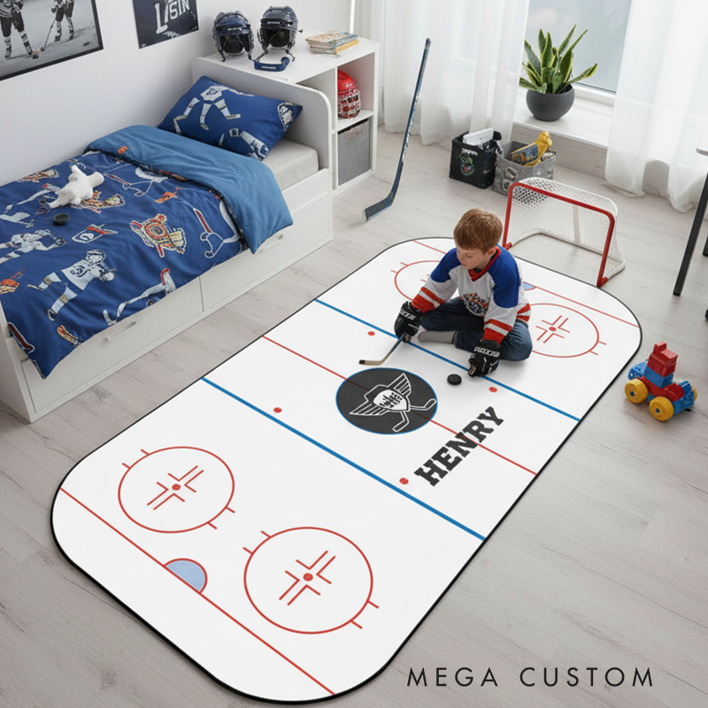 Personalized Hockey Rink Rug Custom Team Logo or Name Fun Play Mat for Kids to Inspire Creativity and Active Play  Gift For Ice Hockey Lovers
