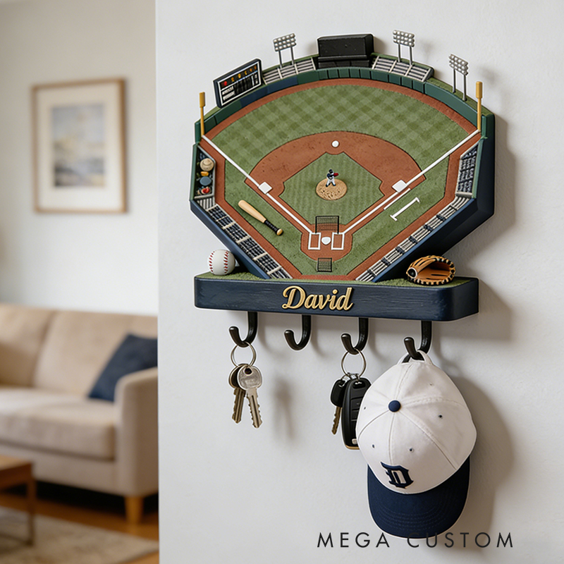 Personalized Baseball Field 3D Printed Key Holder with Custom Name for Baseball Fans 