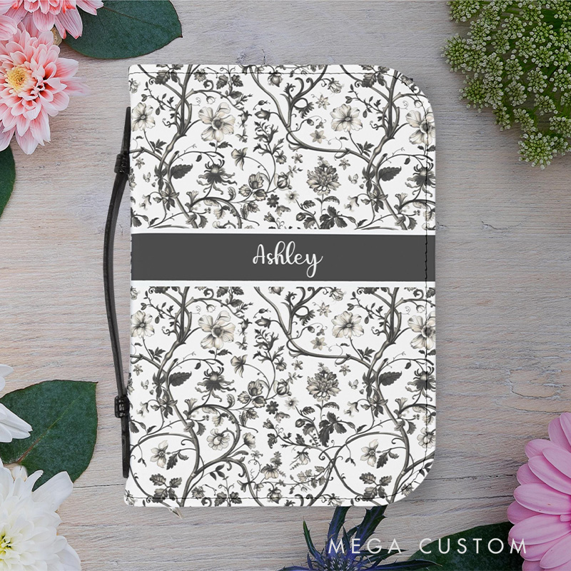 Personalized Floral PU Leather Bible Cover Case with Custom Name and Carry Handle Elegant Toile Design Religious Birthday Gift for Christian Women