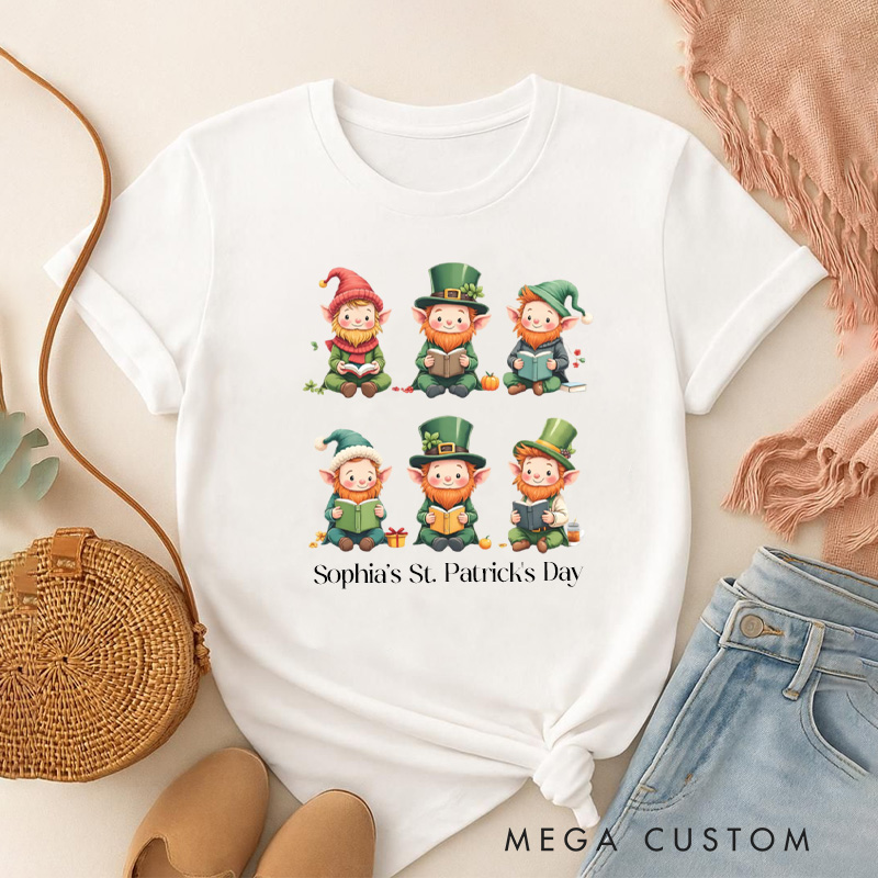 Personalized Book Lover Leprechaun Classic T-Shirts St. Patrick's Day Reading Shirt with Name Tee for Book Lover Bookworm Girlfriend Wife Women Gift
