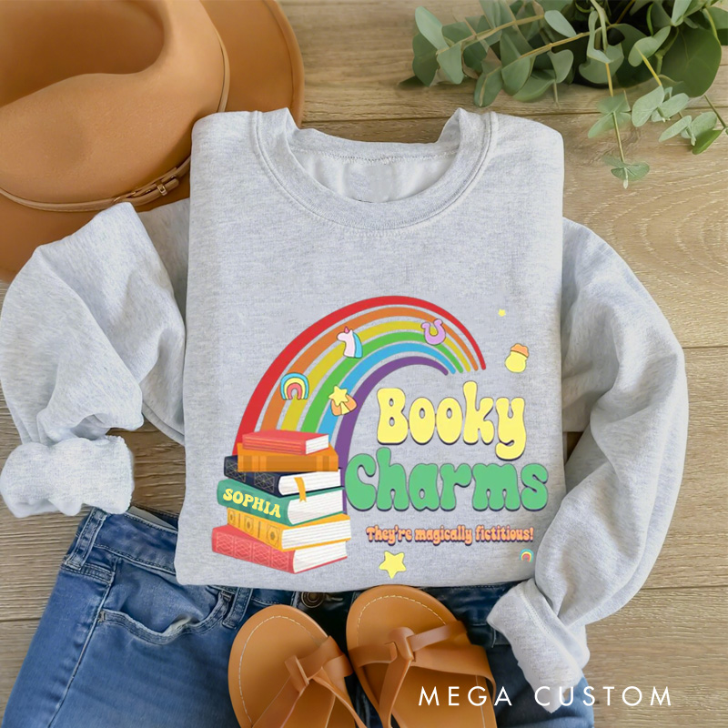 Personalized Booky Charms Sweatshirt Retro Bookish Sweatshirt with Name St. Patrick's Day Gift for Book Lover Reader Girlfriend Wife Librarian