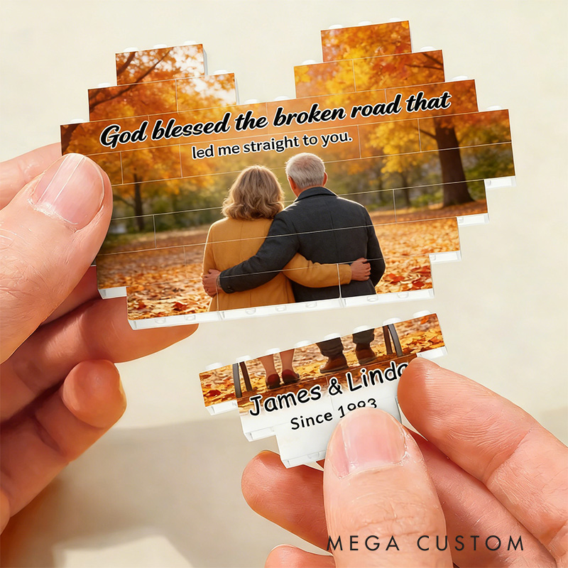 Personalized God Blessed the Broken Road Heart-Shaped Photo Building Brick Puzzles with Custom Name and Year Valentine's Day Religious Gift for Couple