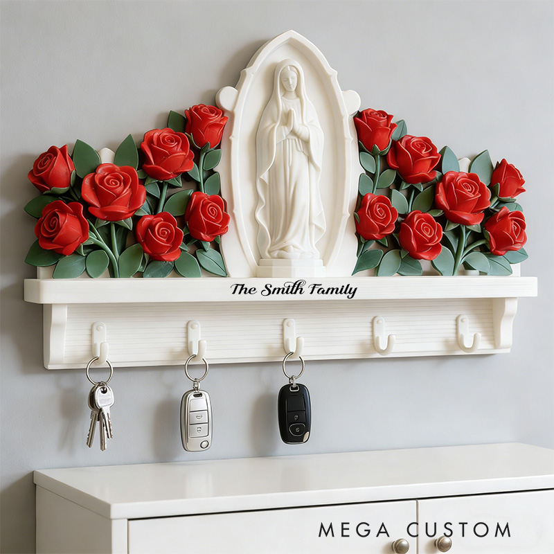 Personalized Our Lady Of Guadalupe Custom Shaped Hanging Rack with Custom Family Name Home Decor Wall Art Key Hanger Religious Gift Catholic Gift 