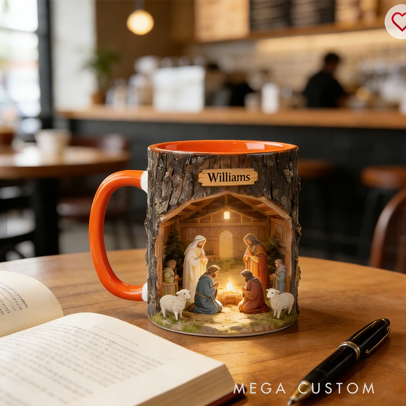 Personalized Nativity Scene 11oz Ceramic Mug with Custom Name Wood Textured Coffee Mug Religious Christian Gift Christmas Gift