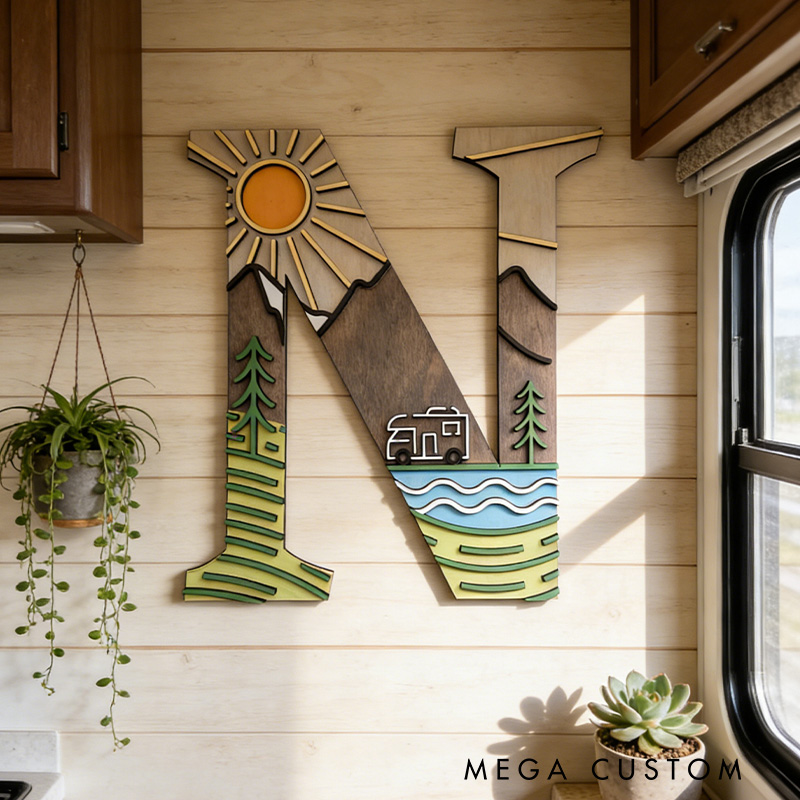 Personalized Monogram Camping Rv Life 3D Wall Decor Home Away from Home Decor Camping Decor Camper or Tent Mountain and Lake Design