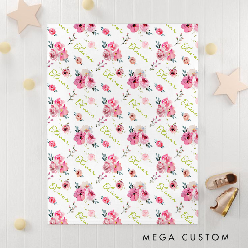Personalized Peach Peonies Baby Blanket  New Baby Gift Nursery Gift