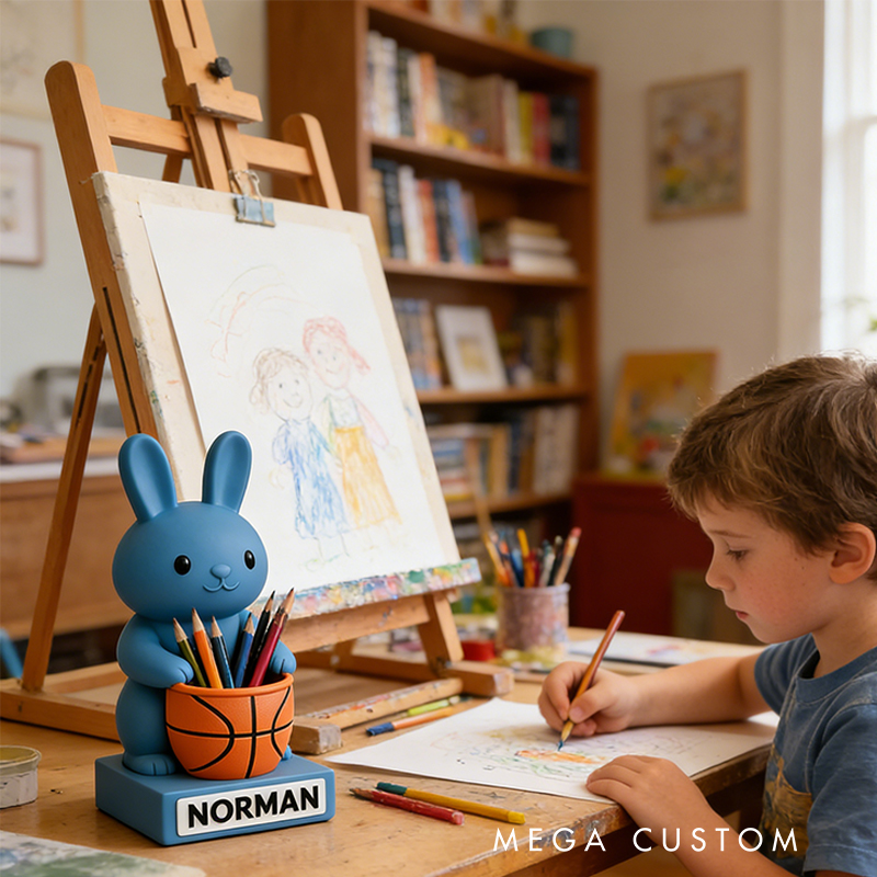 Personalized Basketball Bunny 3D Printed Pen Holder with Custom Name for Kids and Students