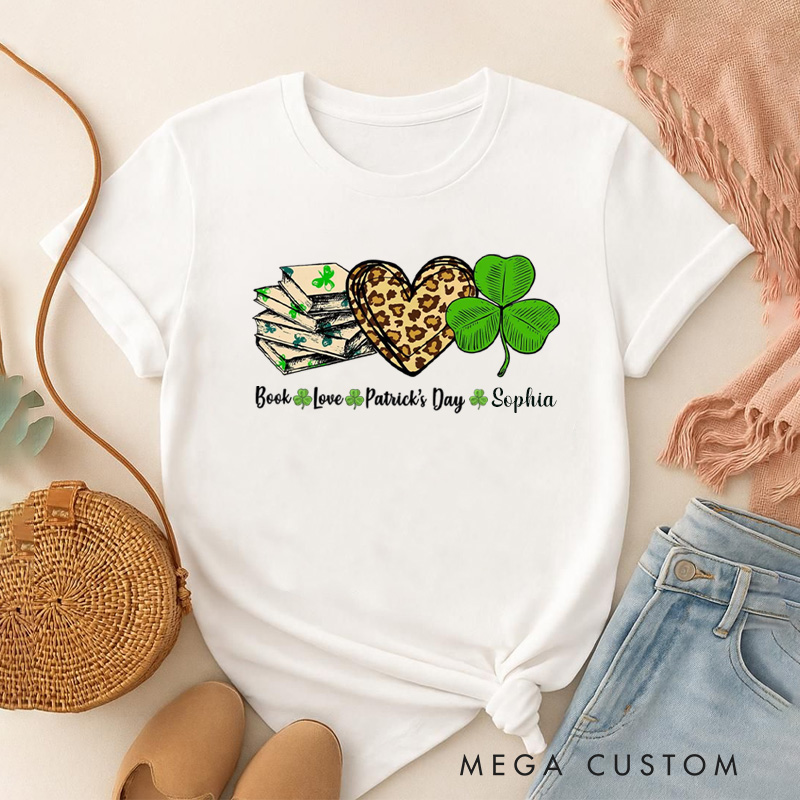 Personalized Book Lover St. Patrick's Day Classic T-Shirts Irish Shamrock Reading Shirt with Name for Book Lover Bookworm Girlfriend Wife Women Gift