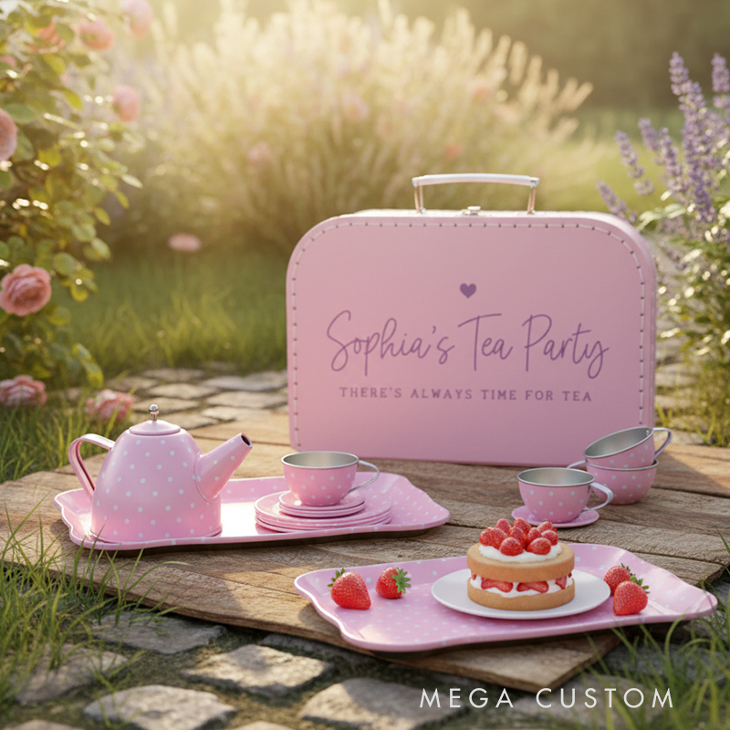 Personalized 15 Piece Tin Tea Set Custom Name Pretend Play Tea Party Toy for Kids Adorable Role-Playing Fun